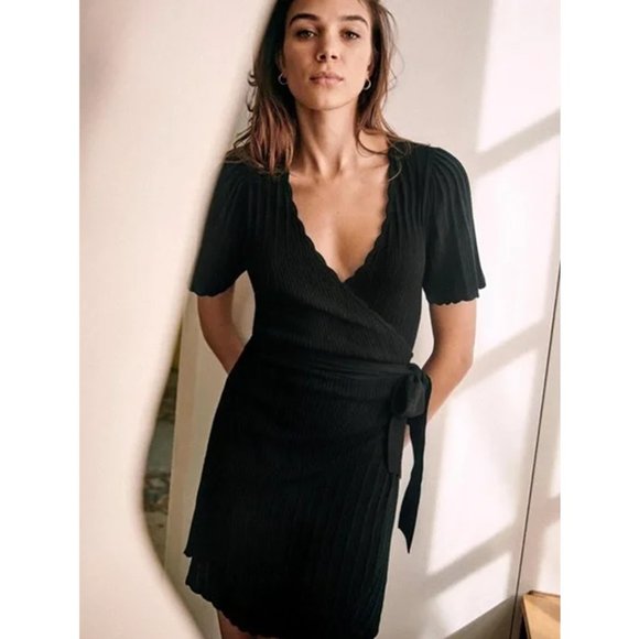 Sezane Dresses & Skirts - Sezane Luisa Dress Robe Wrap Scalloped Knit Sweater Short Sleeve Black Small
